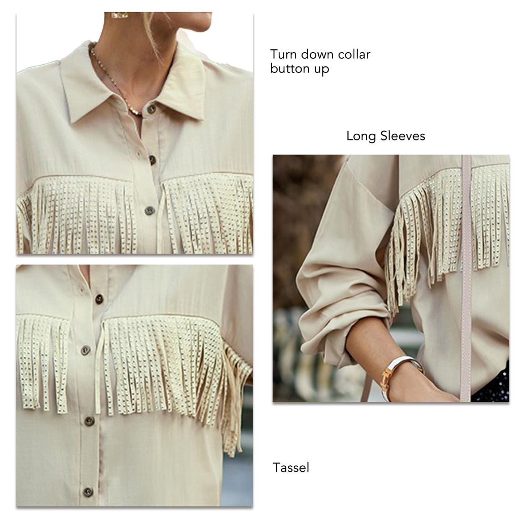 Tassel Long Sleeve Blouse Turn Down Collar Drop Shoulder Button Up Tassel Trim Blouse Shirt Apricot