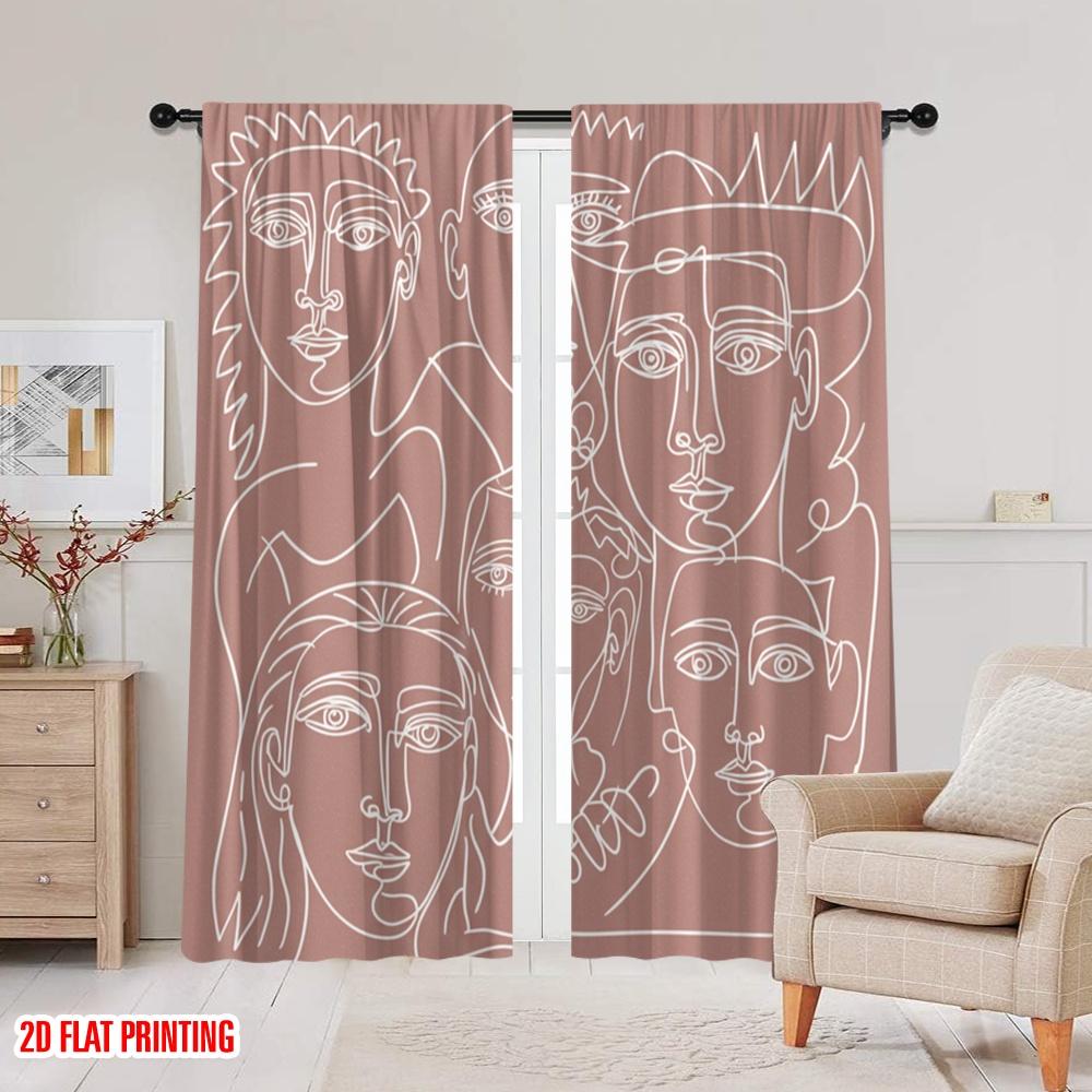 2pcs,2D Plane Printing Window Curtain Cubist Faces Versatile 100% Polyester (without Rod) Festive Perfect for Bedroom, Living