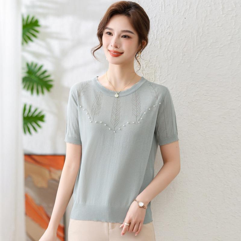 Mom summer short-sleeved knitted top new thin ice silk t-shirt medium and old mother's day shirt women