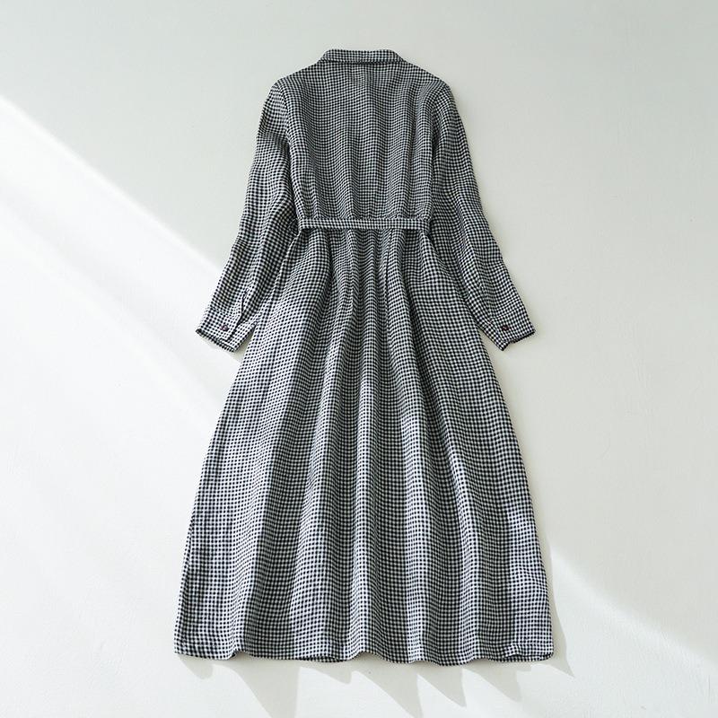 Rochie Nouă de Toamnă în Carouri din Bumbac și In, Rochie Cămașă Largă cu Mâneci Lungi pentru Femei