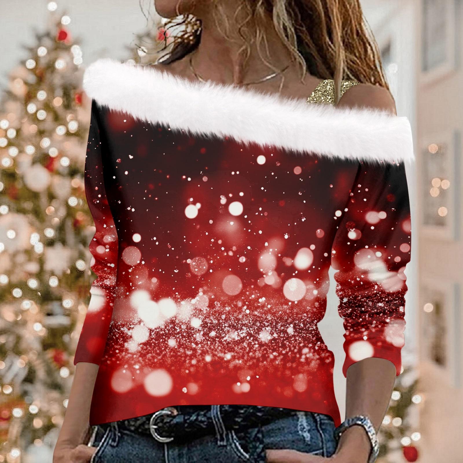 

Женский осенне-зимний пуловер с длинными рукавами и одним плечевым ремнем с рождественским принтом L винный