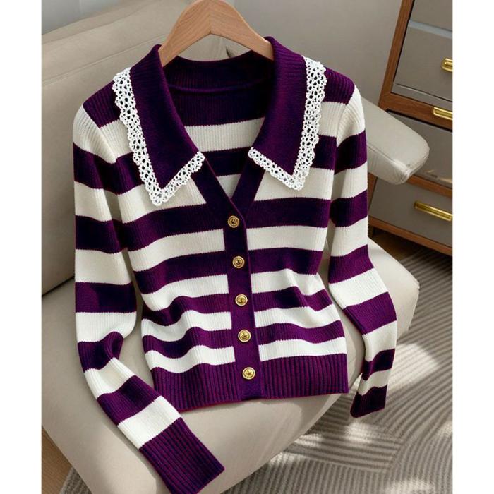Women's Clothing Elegant Fashion lace Striped Knit Cardigan Autumn Winter New Sweet All-match V-neck Sweaters Lady Long Sleeve Tops