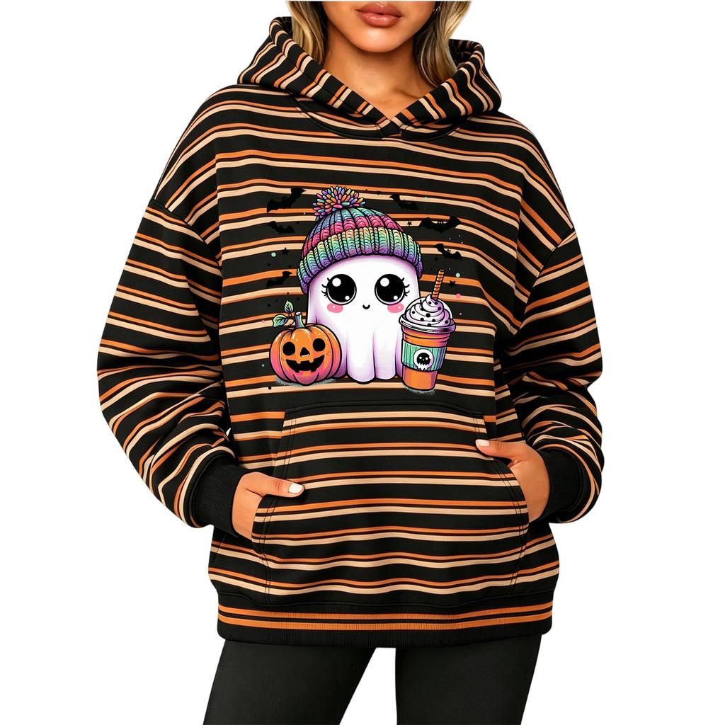 Women's Fashion Striped Print Long Sleeve Pullover Hoodie with Pockets for Halloween