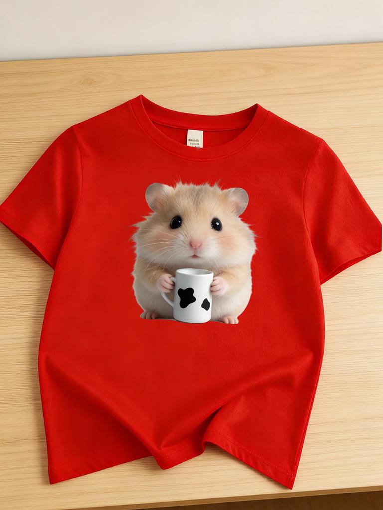 2026 Summer Girls Round Neck Tshirt Casual Pure Cotton Top with Hamster Print Cute and Unique Short Sleeves Girl Clothes