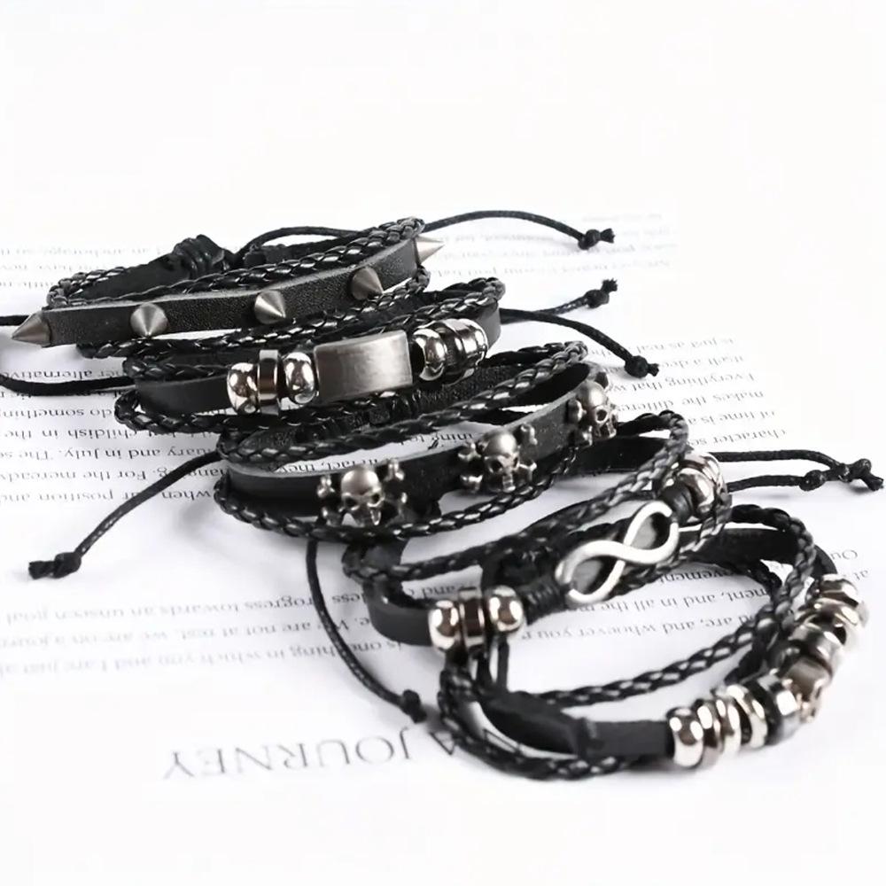 Punk Style Alloy Skull Leather Bracelet Set - European & American Retro Men's Jewelry