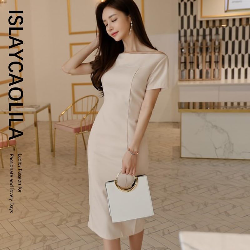 ISLAYCAOLILA Cabaret Mini Club Party Tight Midi Boat Short Vertical High Popular C58 Elsa Light Dress, Dress, Dress, Dress, Dress, Neck,