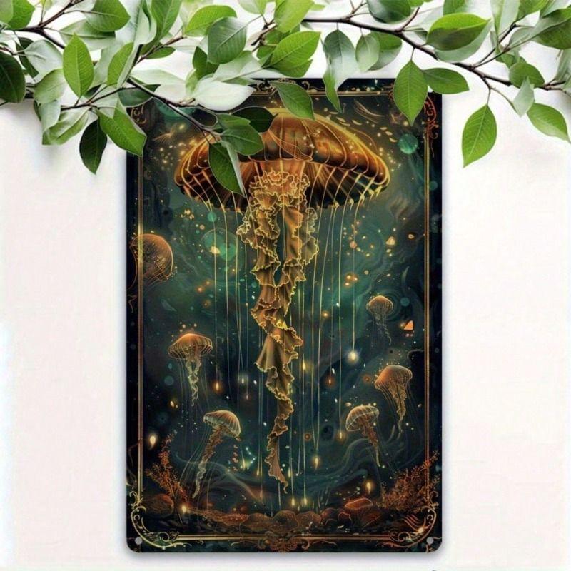 

Vintage Metal Poster Dark Green Gold Jellyfish 12x8 in for Living Room Wall Art