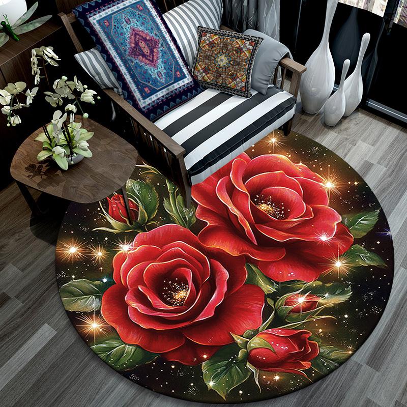 Red Roses Round Area Rug,Carpet Rug for Living Room Bedroom Sofa Playroom Decor,Non-slip Floor Mat