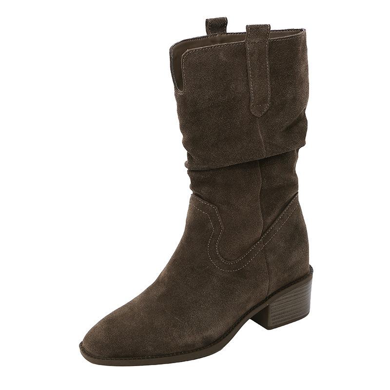 Huge Good-looking Pointed Mouth Piled Boots Short Boots Women's Thick Heel Brown Boots Thin and Tall Western Knight Boots