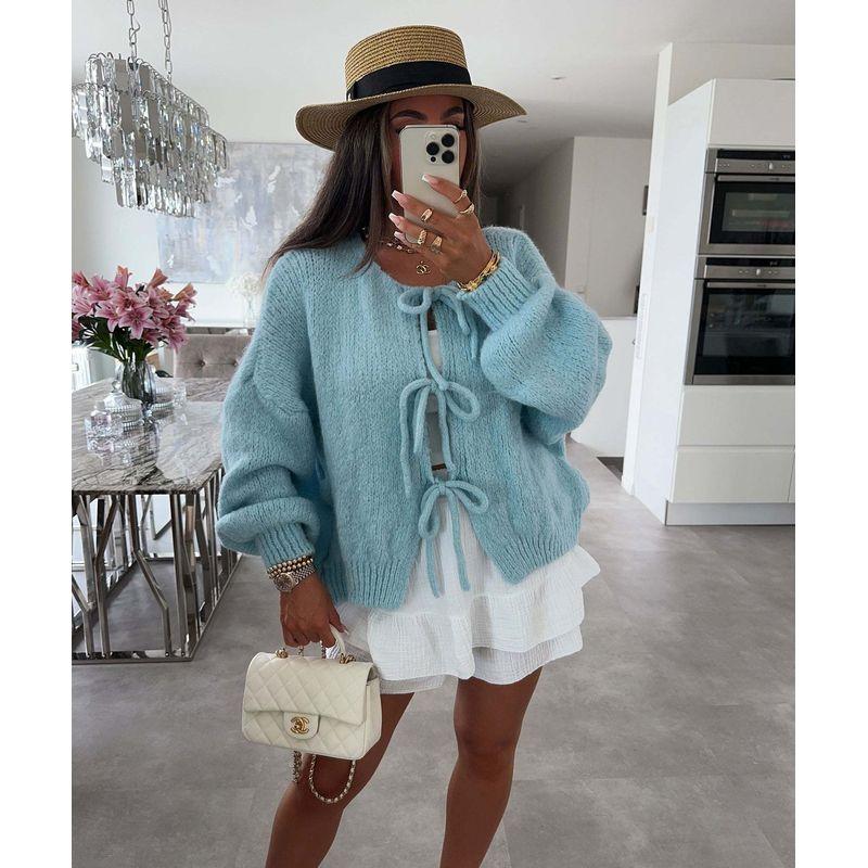 Simple Sweater2025 European and American Autumn and Winter New Women round Neck Lace-up Knit cardigan Simple Sweater Outerwear