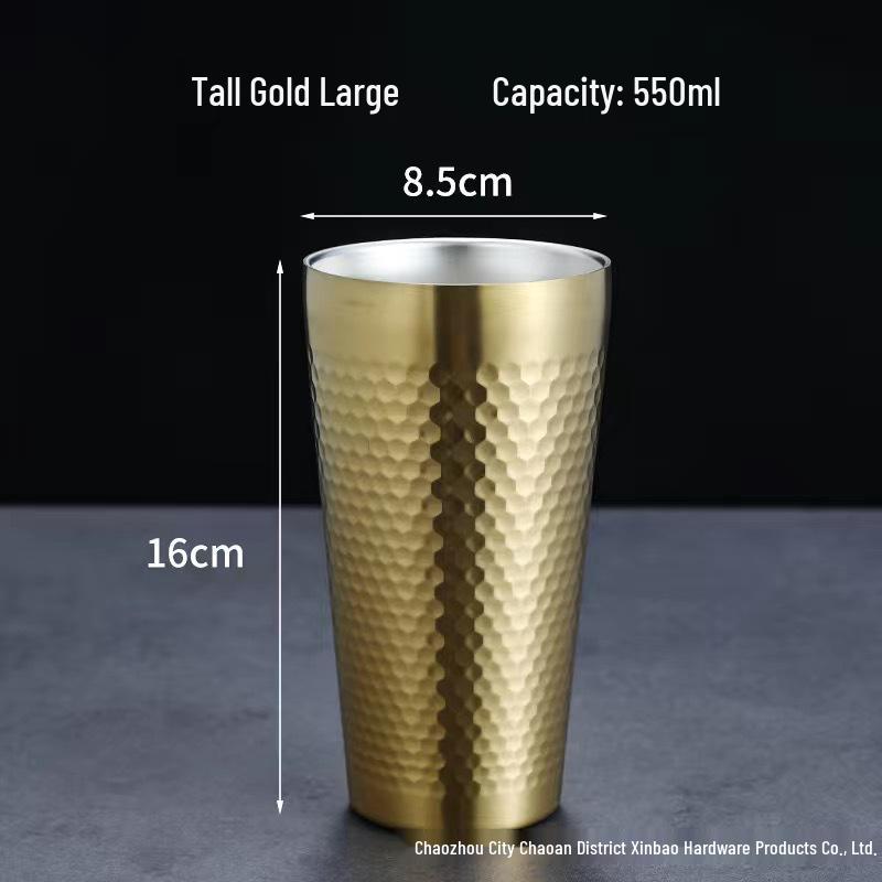 Golden Diamond Honeycomb 304 Stainless Steel Double-Layer Cup - Hammered Design, Anti-Scald. Perfect for Juice, Beer, and Tea.