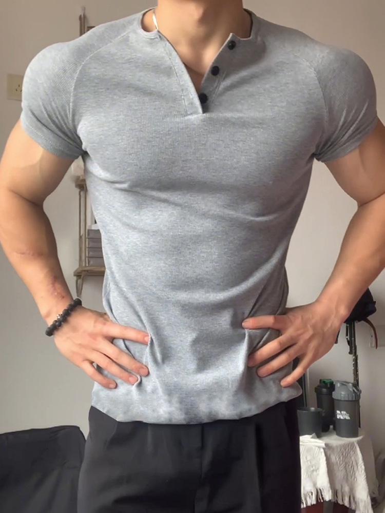 2025 Men s Gray Slim Fit Polo Collar Short Sleeve T-shirt - Youth Trendy Muscle Fit M светло-серый