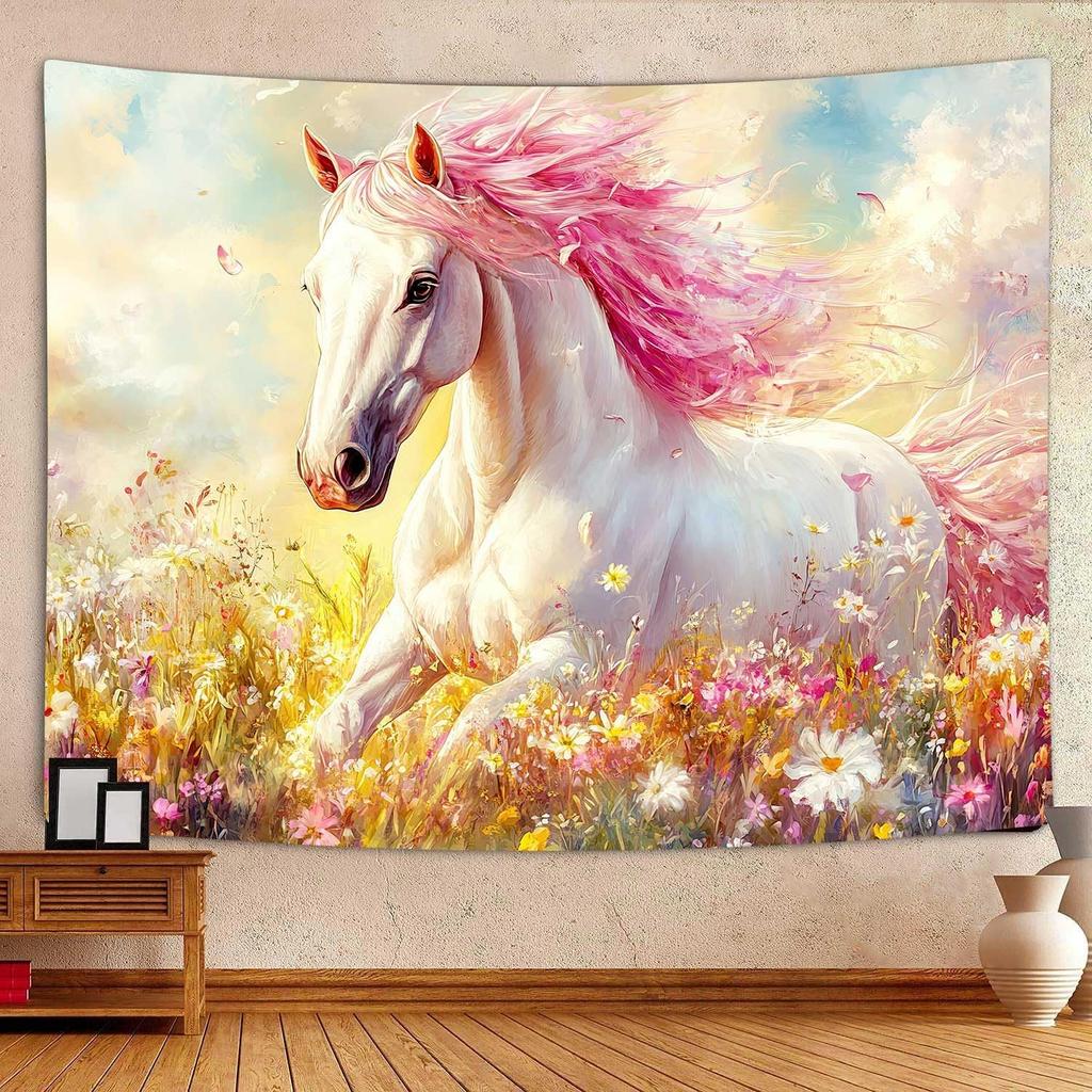 Horse Tapestry,Watercolor Wild Animal Tapestry Wall Hanging,Pink Colorful Flower Tapestry,Wall Art Home Decor For Bedroom Living