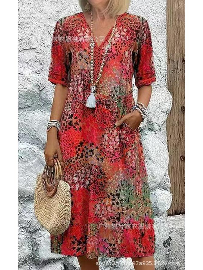 V-Neck Lace Trim Short Sleeve Pocket Maxi Dress - Euro-American Casual Holiday XXXL арбуз красный