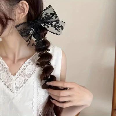 Black Lace Bow Beaded Spiral Cord Hair Tie, Elegant Braided Ponytail Accessory with Flower Beads for Daily Party Hairstyles