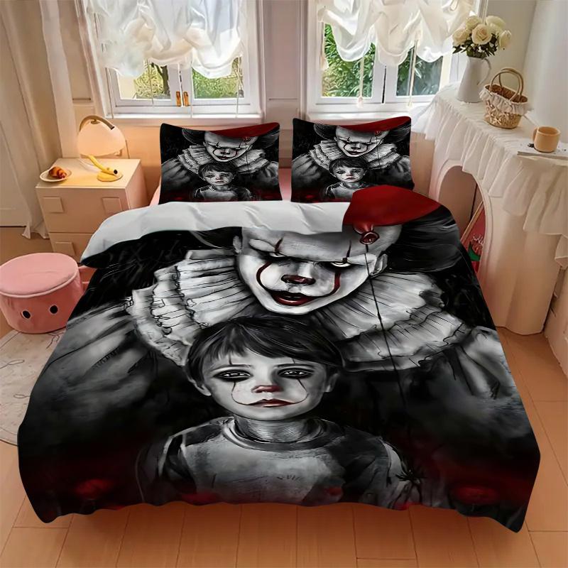 3pcs Creepy Clown Bedding Set, 1 Soft Quilt Cover + 2 Pillowcases, Machine Washable, Suitable for All Seasons