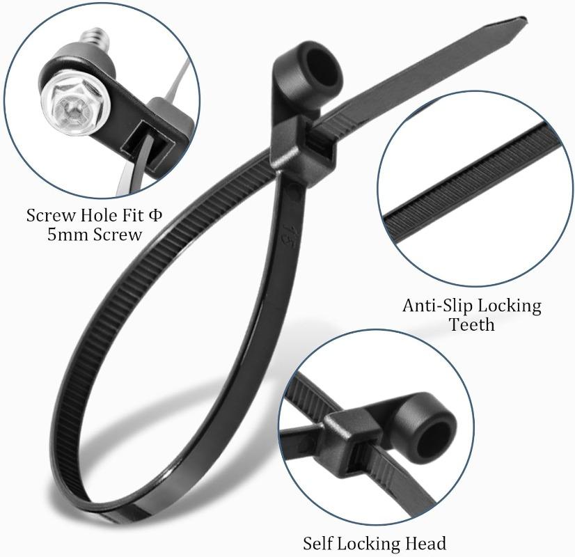 500/100pcs Nylon Cable Ties with Mounting Screw Hole Self Locking Loop Wraps Zipper Cables Tie Wire Fastening Straps Bundle Tool