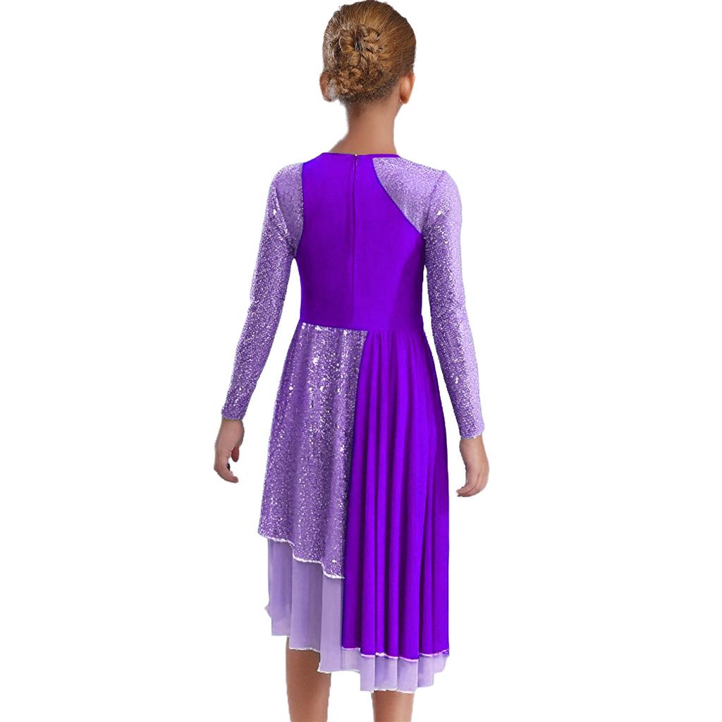 Girls Praise Dance Dress Long Sleeve Round Neck Design with Sparkling Sequins Color Block Asymmetrical Robe