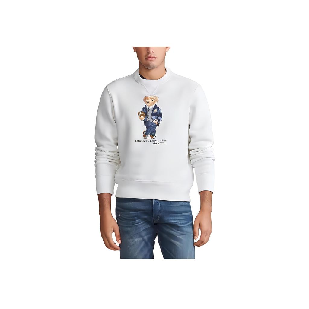 Polo Ralph Lauren FW23 Solid Color Rugby Bear Pattern Crewneck Long Sleeve Fleece Sweatshirt Men Sweatshirt White MNPOKNI16820336-100
