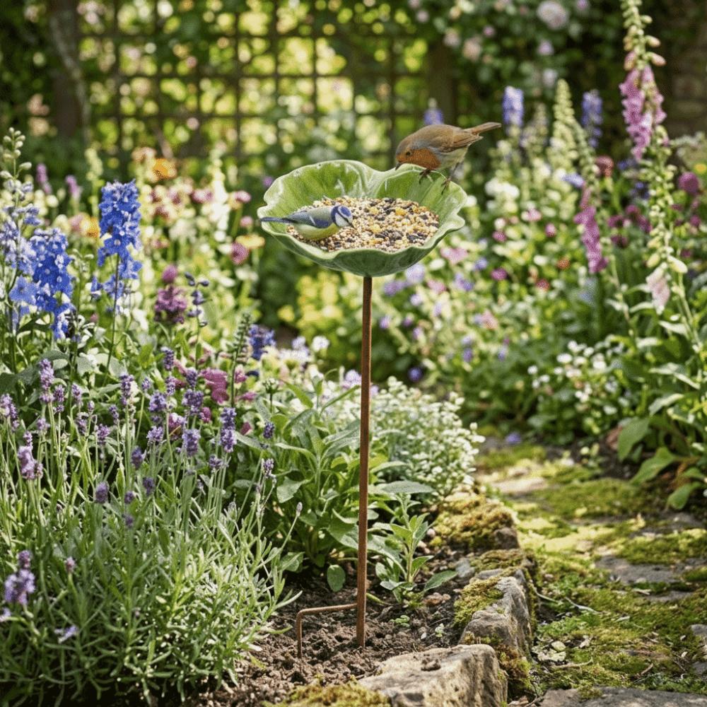 Metal Bird Bath Stand Ground Insert Flower Shaped Bee Butterfly Watering Station Colorful Iron Art Bird Water Dispenser