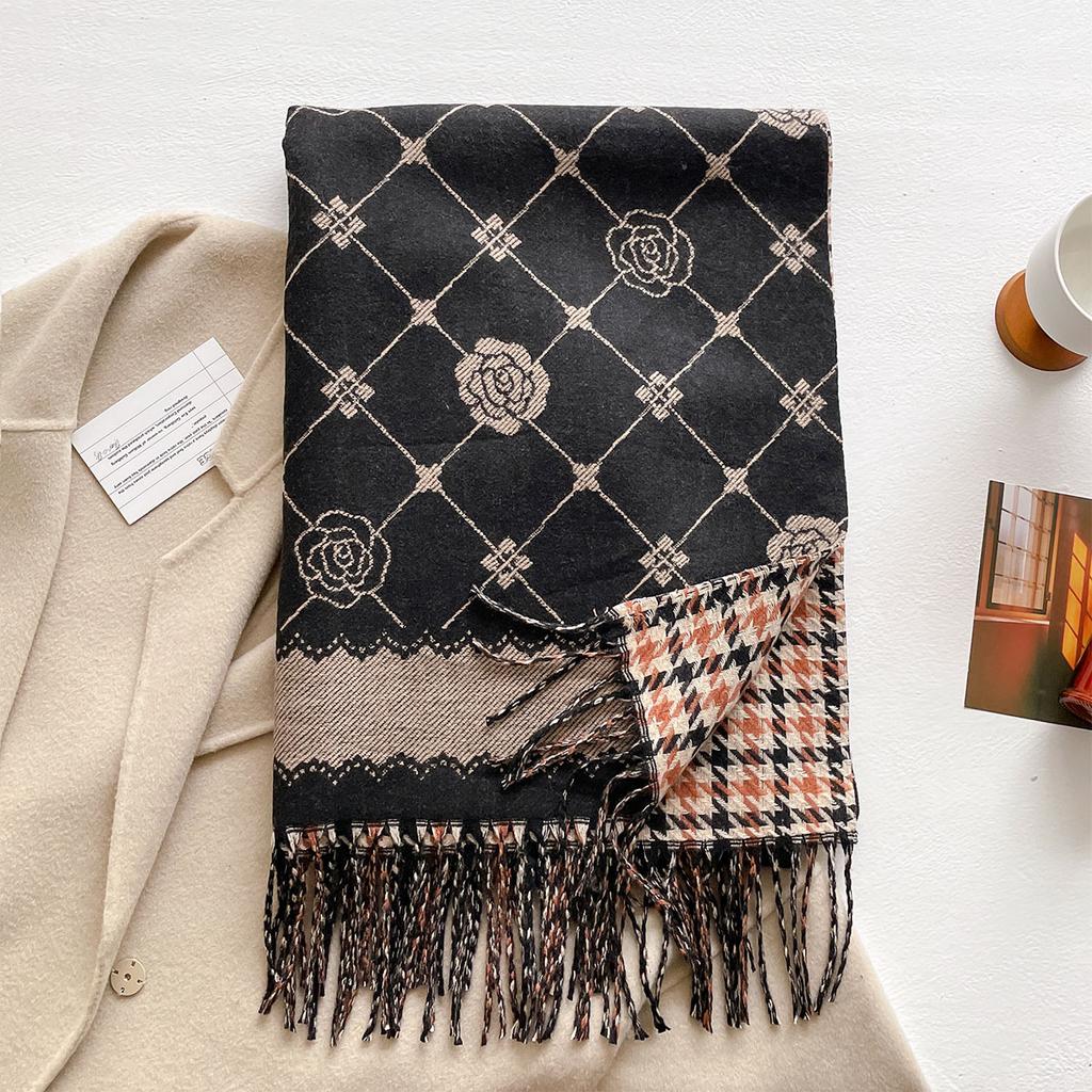 Elegant Houndstooth Scarf Imitation Cashmere Soft Warm Versatile Shawl Coldproof Windproof Blanket Scarf Two Sides Autumn Winter