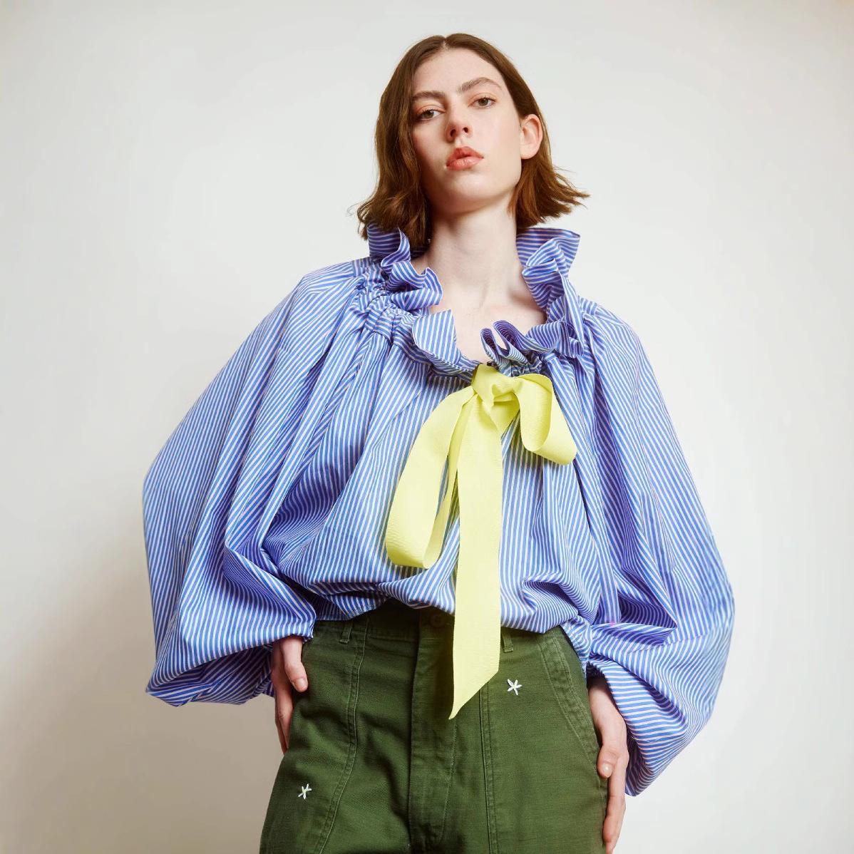 

Женская белая блузка с воротником с оборками и бантом, свободными рукавами, элегантный топ XL небесно-голубой