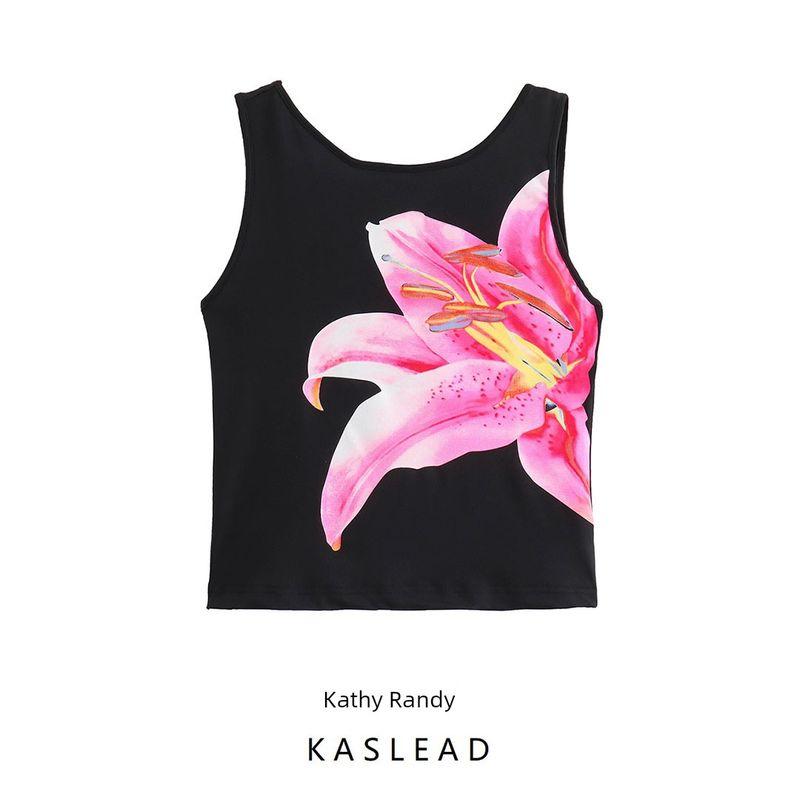 Kaslead New Arrival Women's Fashion Style Stylish Simple and Versatile Silm Glue Printing Sleeveless Vest Tops