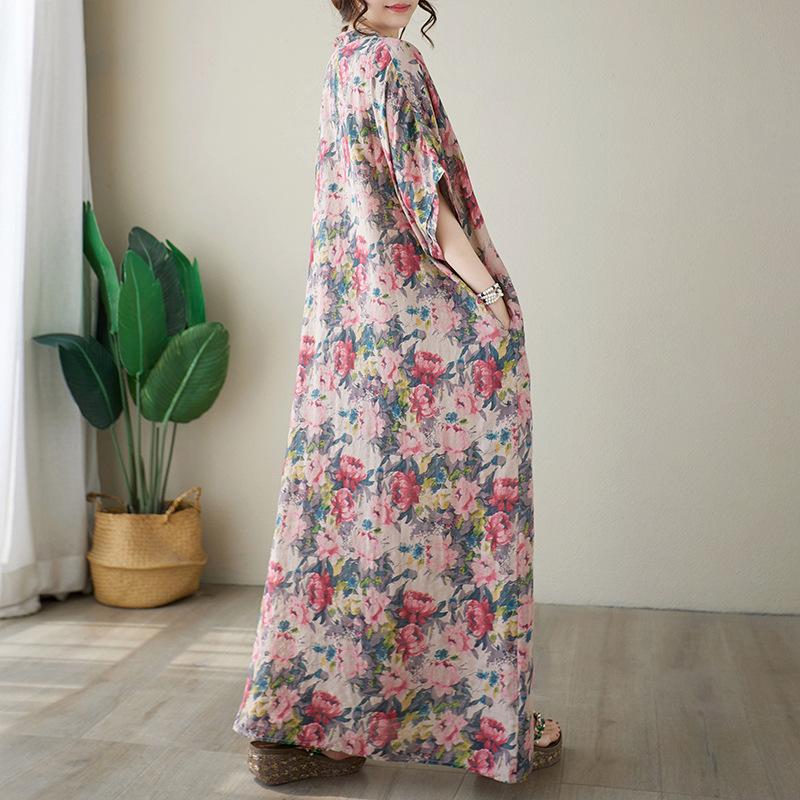 Summer V-neck Cotton and Linen Loose Dress