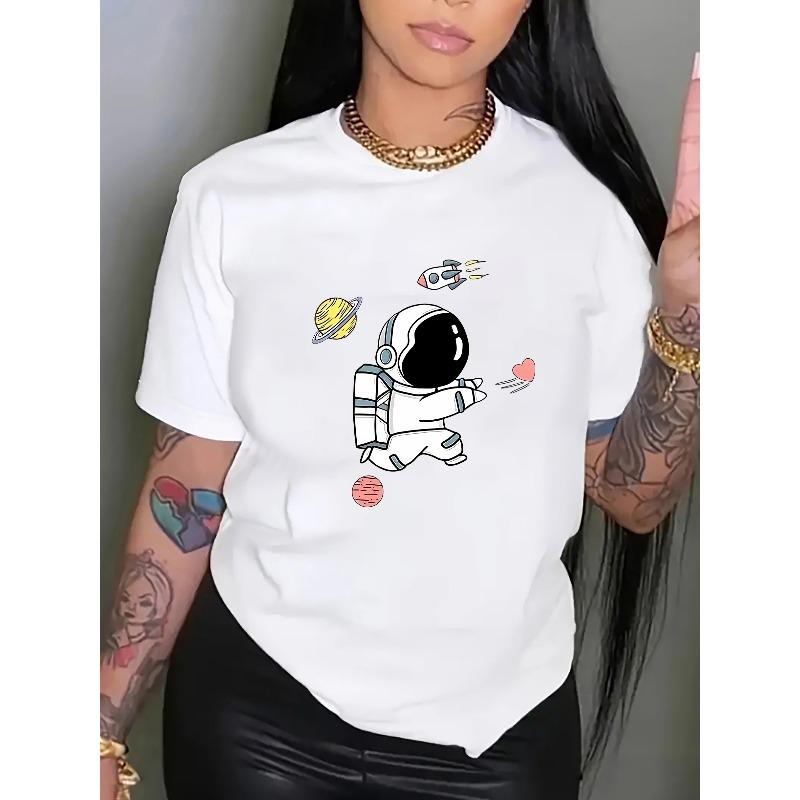Women'S Athletic Wear Featuring A Stylish Round-Neck Short-Sleeve T-Shirt with A Cartoon Astronaut Design