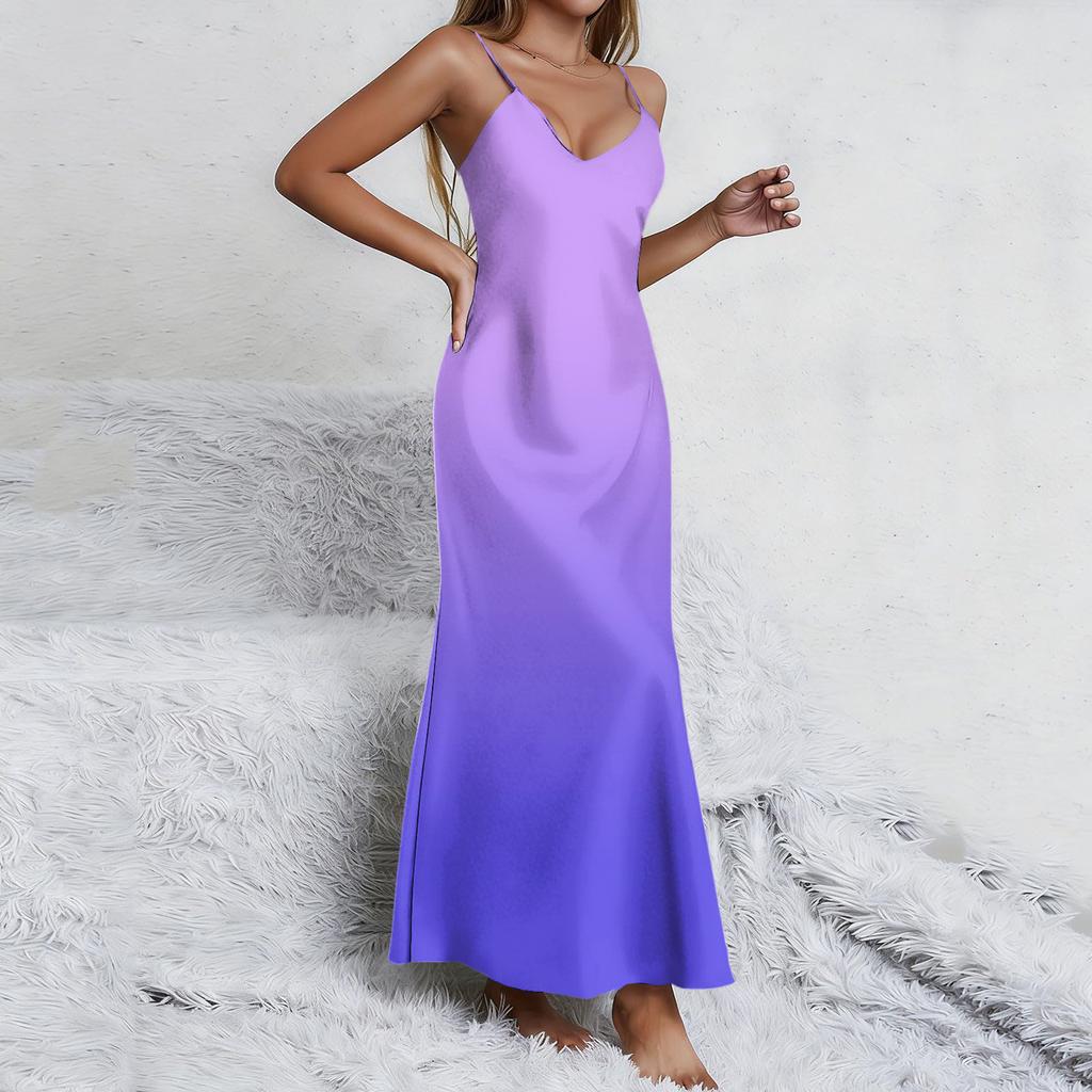 Maxi Abito Smanicato Sfumato con Spalline Sottili Regolabili Scollo a V Casual Vestibilità Larga Estivo Lungo