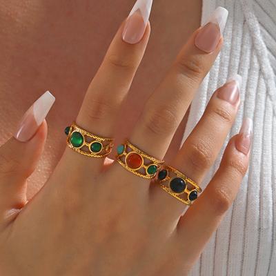 Vintage Edelstahl Mehrschichtige Linien Ringe für Damen Herren Bunte Harz Halbkreis Perlen Offene Ringe Bankett Geschenk