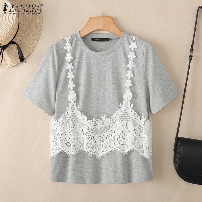 ZANZEA Women Summer Round Neck Lace Patchwork Casual Short Sleeve T-shirt