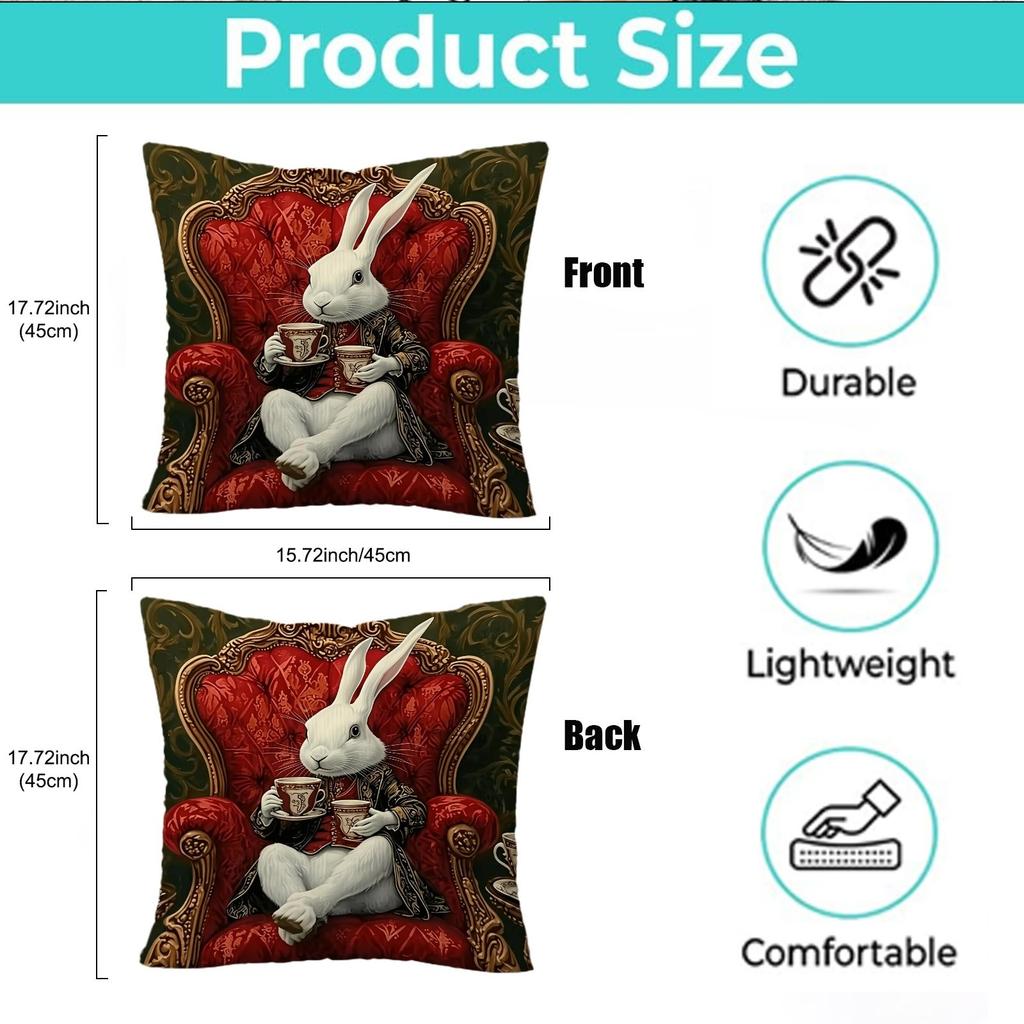 1Pc Elegant Victorian White Rabbit Pillow Cover, 2D Double-Sided Print Polyester Pillowcase, Royal Armchair & Tea Cup Decor, Sop