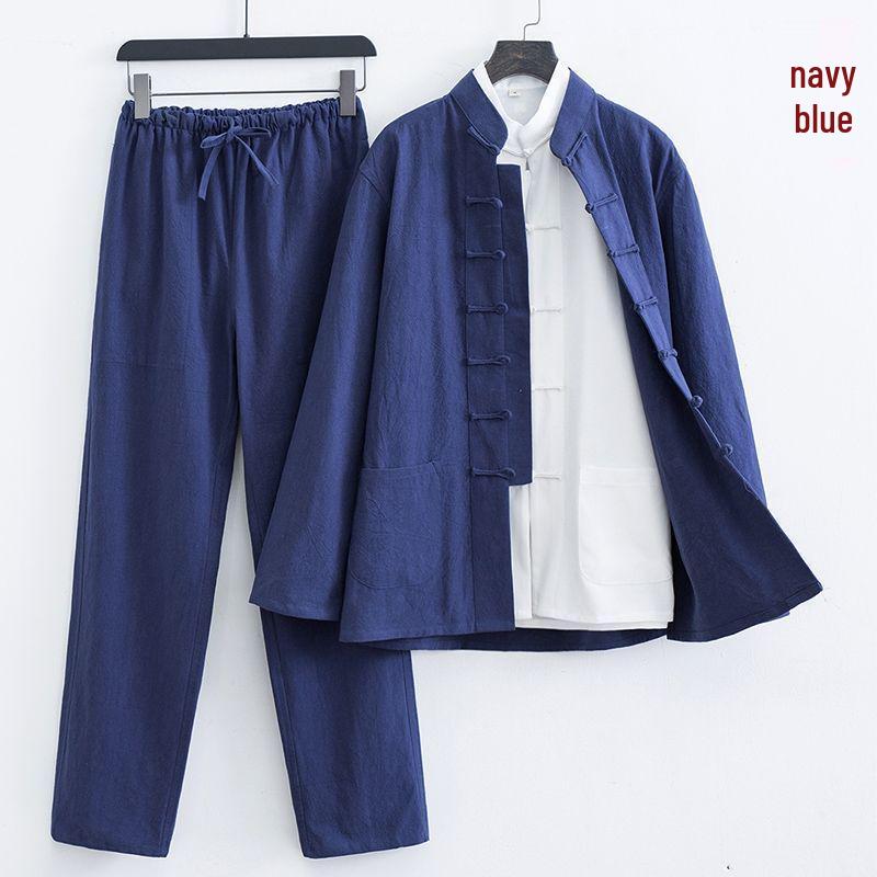 

Men s Chinese Style Cotton Linen Tang Suit: Spring/Summer Long-Sleeve Three-Piece Set 5XL [190-210 kg]
