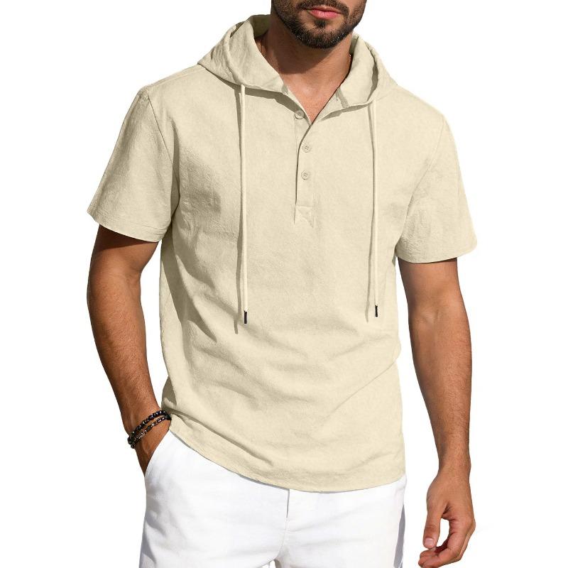 Men American Style Summer Short Sleeve Hooded Solid Color Casual Loose T Shirt