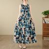 Real Summer New Literary and Retro Loose Printing Cotton and Linen Stand-up Collar Sleeveless Dress Women's Long Dress