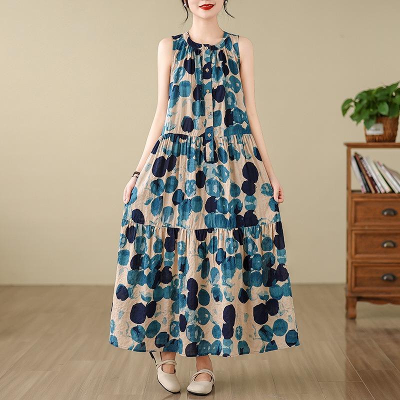 Real Summer New Literary and Retro Loose Printing Cotton and Linen Stand-up Collar Sleeveless Dress Women's Long Dress