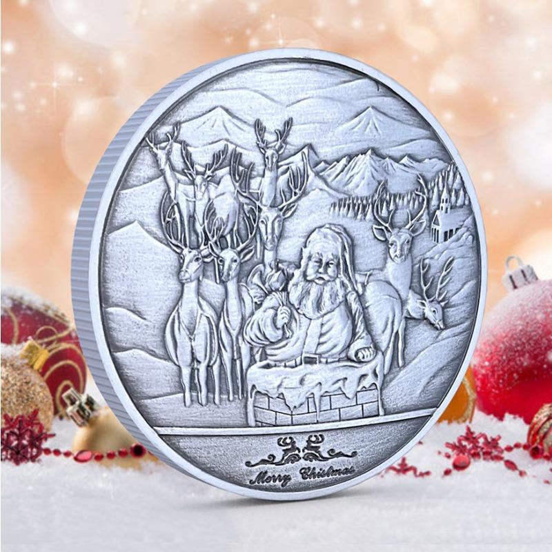 Christmas backpack decoration, commemorative coins, antique silver coins, Santa Claus, Christmas Eve, gifts, gold coins, silver coins, keychains