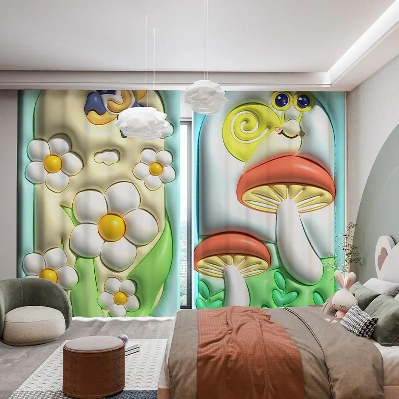 Cartoon Rabbit Clouds High Shading Curtain Fresh Ins 3D Children's Room Bedroom Bay Window Opening Living Room Blackout Curtains featuring Hook4