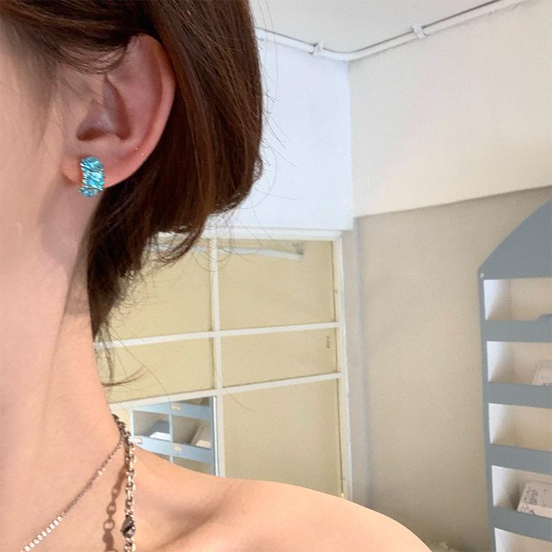 Silver needle blue diamond round stud earrings light luxury high-end earrings summer small fresh earrings