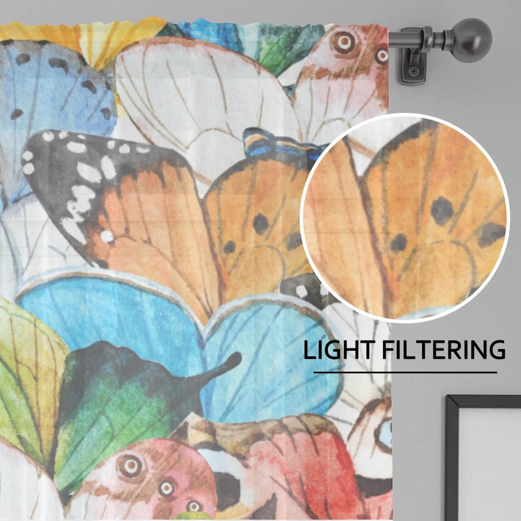 Herdesings Butterfly Colorful Sheer Tulle Curtains Chiffon Drapes 2 Panels Window Curtains for Living Room Bedroom Kitchen Decor