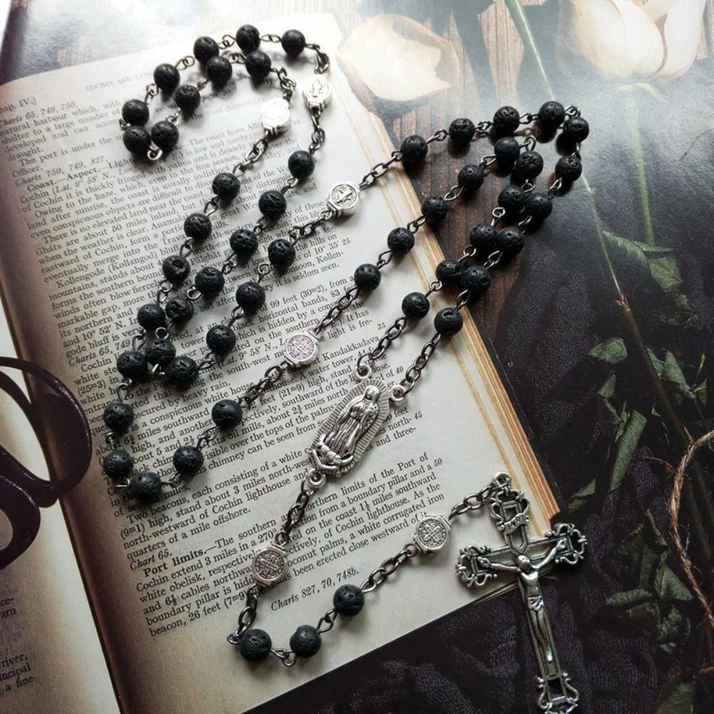 Long Cross Chain Vintage Crucifix Pendant Chain Black Gallstone Rosary Necklace  Women