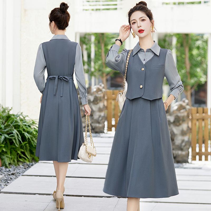 Дизайнерское платье женское весеннее новое трехпредметное с длинным рукавом юбка приталенное темперамент рубашка юбка тренд M серо голубой