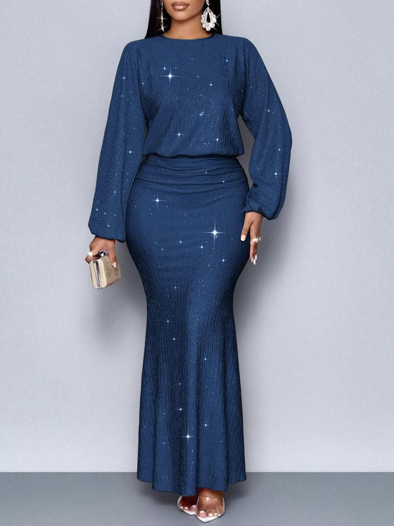 New Style Rhinestone Long Sleeve Fishtail Ruffles Pleated Dress