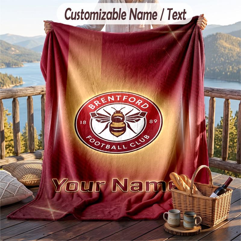 Flannel Blanket Brentford Football Print Custom Name Text Soft Throw for Sofa Bed
