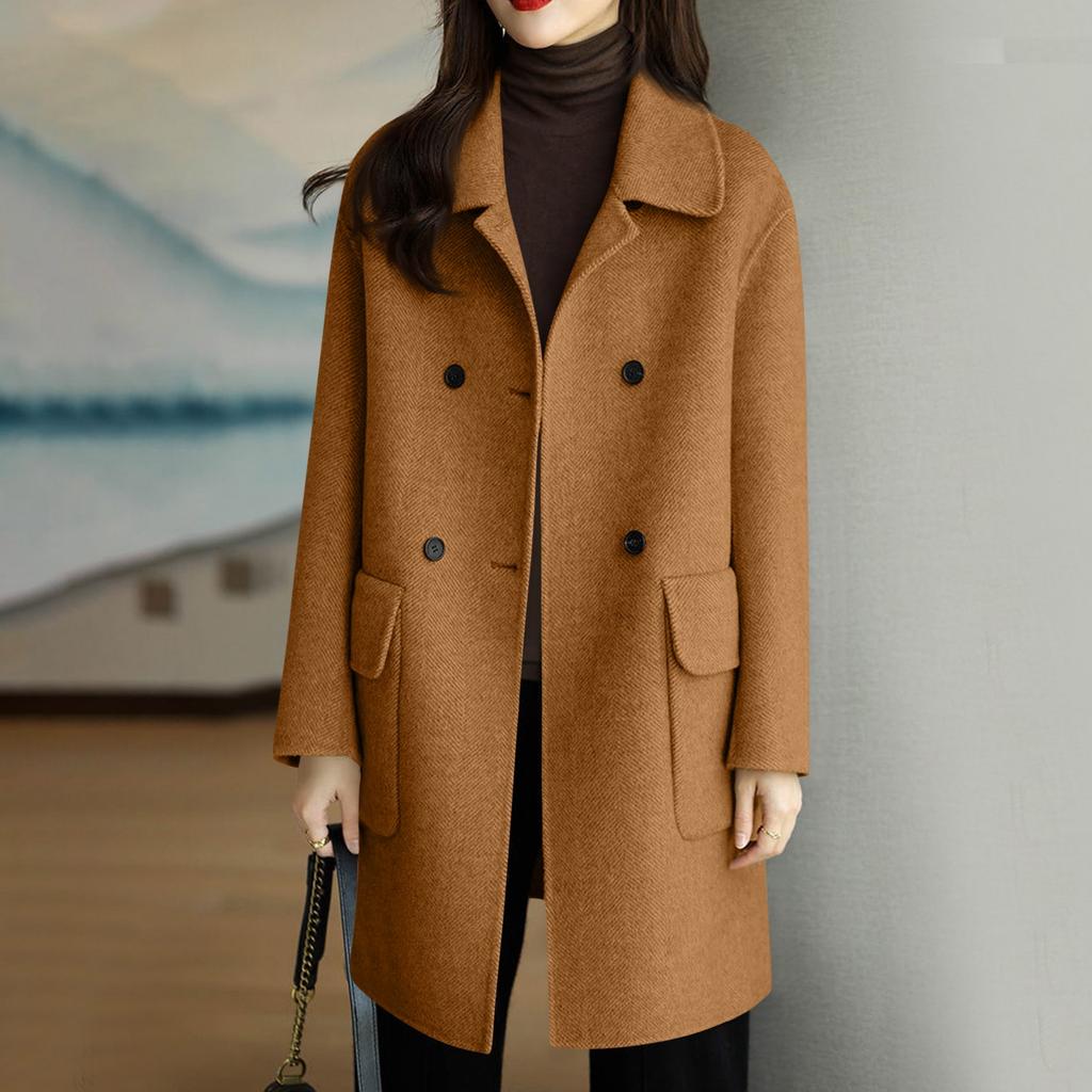 Women's Color Long Sleeve Double Breasted Mid Length Pocket Woolen Coat
