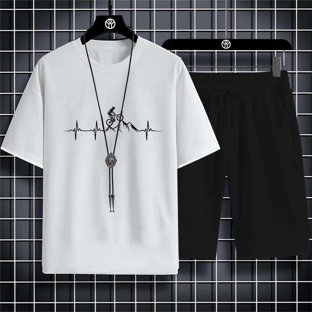 Letní móda Venkovní sportovní styl 2D kreslený potisk na kolo Pánské tričko s výstřihem a výstřihem kalhoty Pohodlné rychleschnoucí