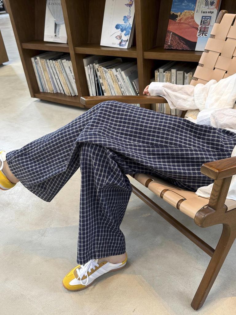Women's Summer Blue Plaid Wide-Leg Cotton Drawstring Pants - Retro Texture, Thin, Loose, Casual