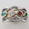 Vintage Two Color Inlaid White Red Green CZ Women's Ring Geometry Hollow Daily Wear Party Jewelry