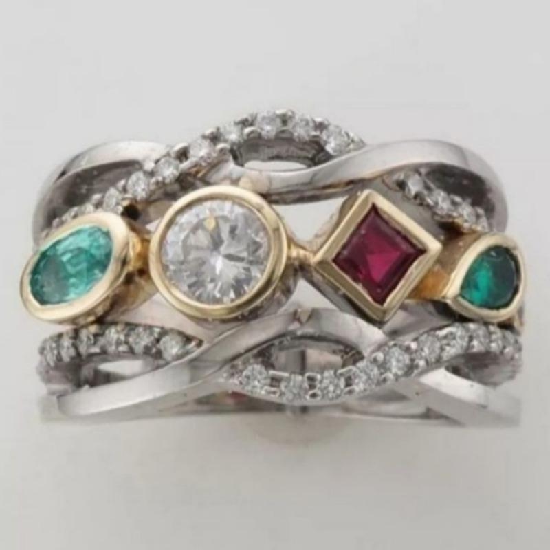 Vintage Two Color Inlaid White Red Green CZ Women's Ring Geometry Hollow Daily Wear Party Jewelry